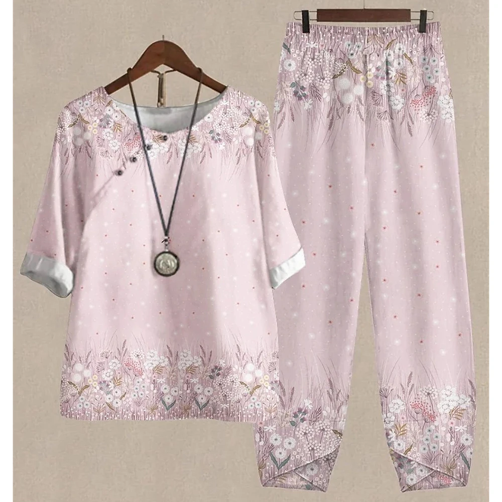 Women Round Neck Short Sleeve Suit Flower Print Elegant Two Piece Sets Female Outfits High Waist Loose Pants Ladies Suit Summer