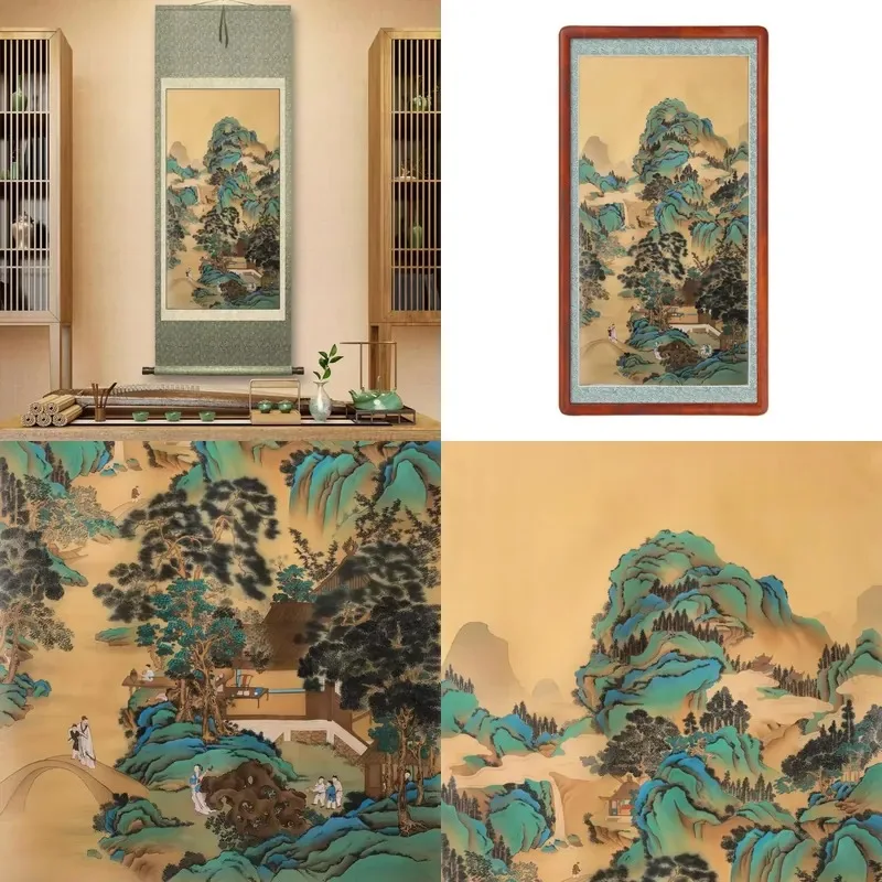 Handmade custom Chinese blue and blue silk landscape painting, scroll-shaped, cloud pattern