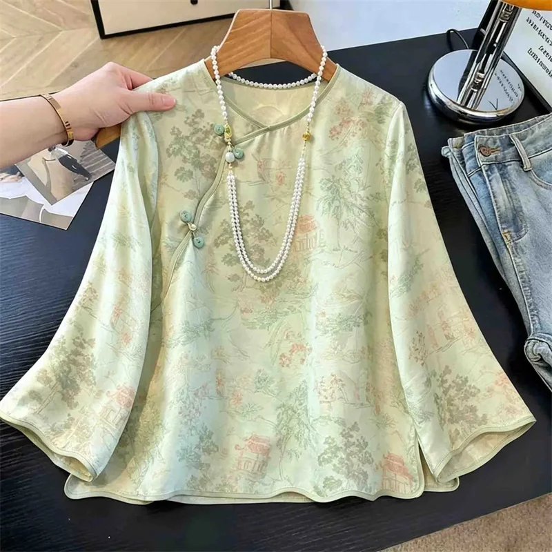 

New Fashion Slant-breasted Buckle National Wind Jacquard Shirt Female Original Design Temperament Joker Round Neck Casual Shirt