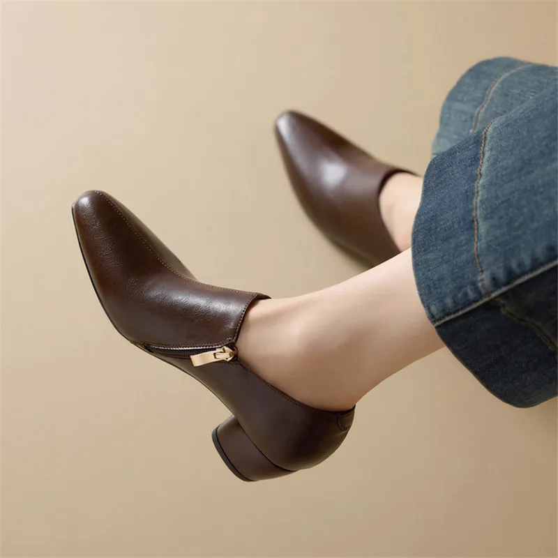 New Spring Autumn Split Leather Woman Shoes Chunky Heel Loafers Square Toe Shoes for Women Ladies Shoes Mid Heels Women Pumps