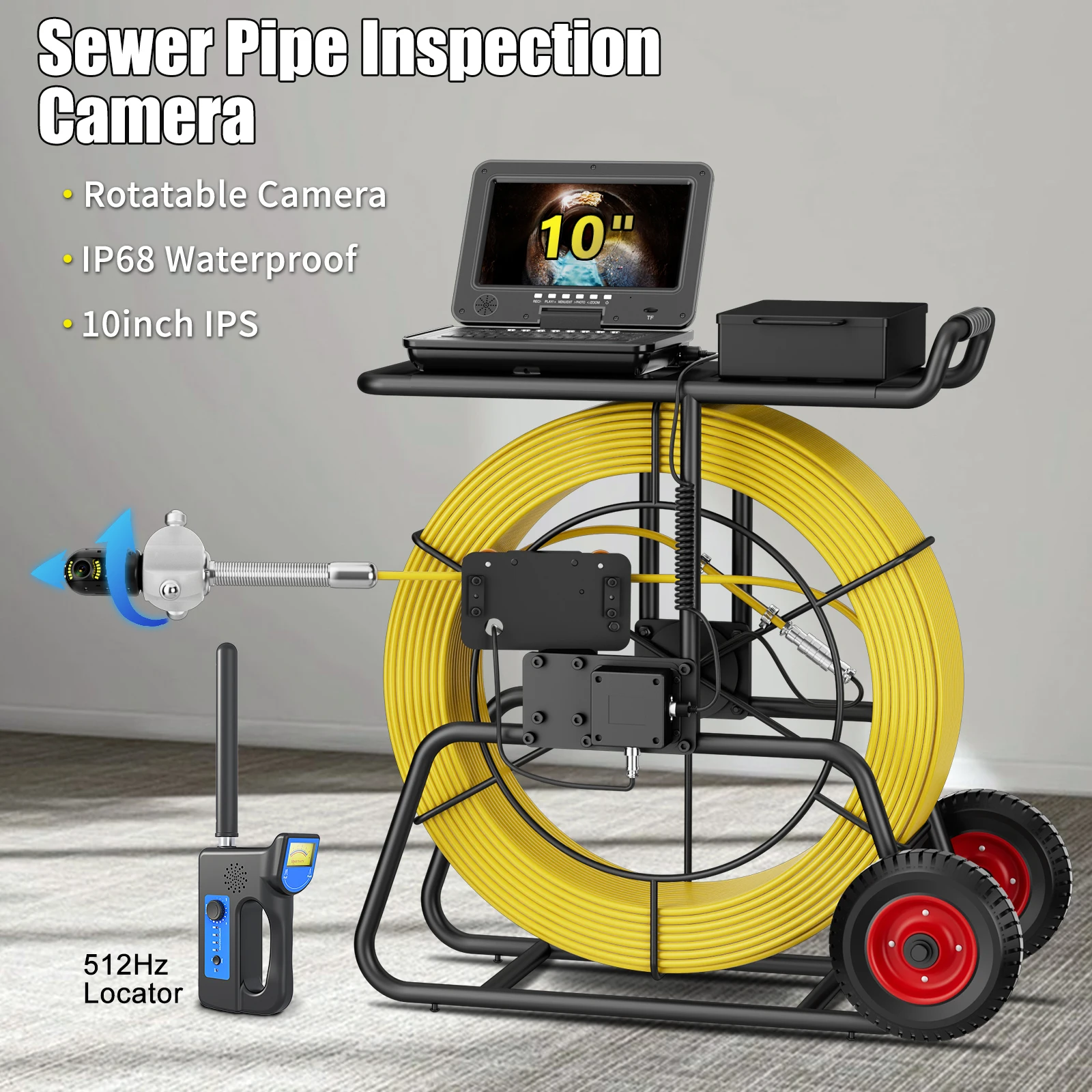 200M 3.6mm Cable Mini CMOS 360 Rotating Night Vision Sewer Camera Inspection 10 Inch IPS 512HZ Transmitter Locator