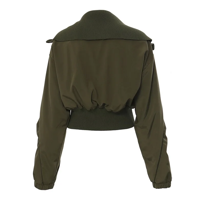 Tight Large Lapel Women Short Coat Unique With Zipper Two Pockets Jacket Black Army Green Long Sleeves Tops New Arrival In Stock