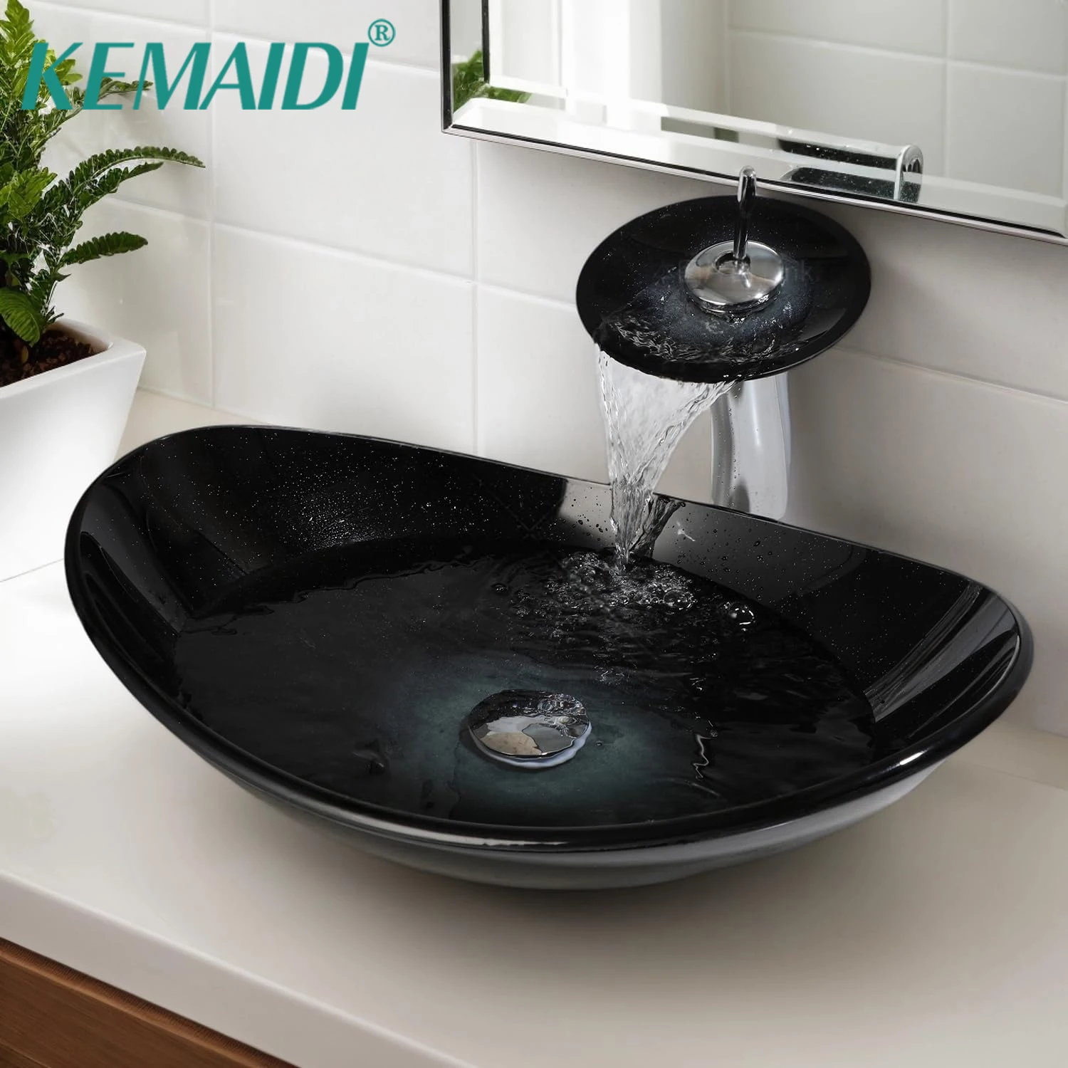KEMAIDI 22 Inch Oval Glass Vessel Sink with Starry Black Gradient Above Counter Sink Bowl with Faucet and Drain for Bathroom