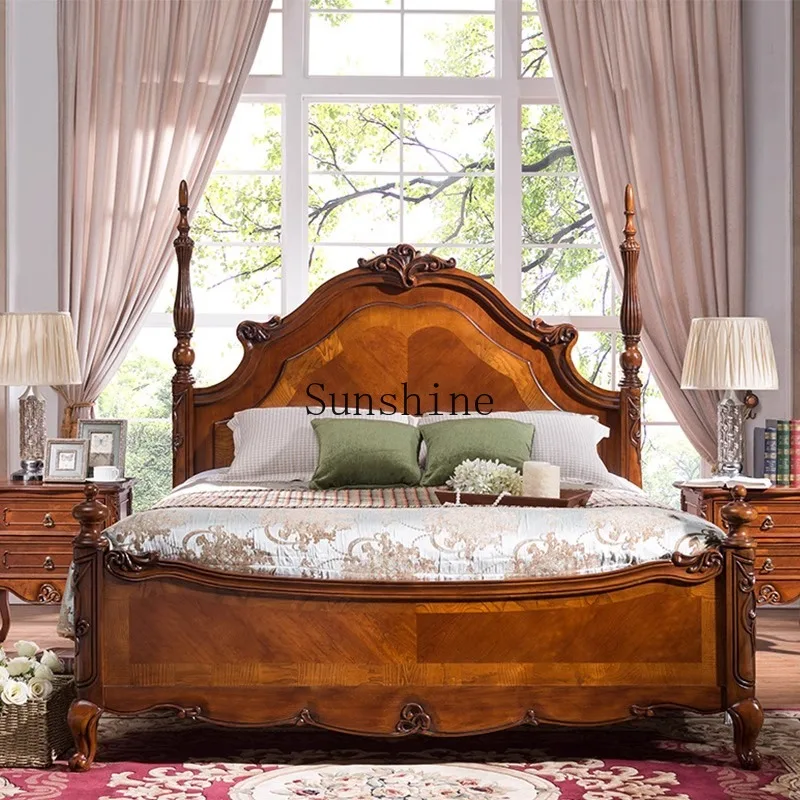 

American solid wood bedroom queen bed retro villa wedding bed