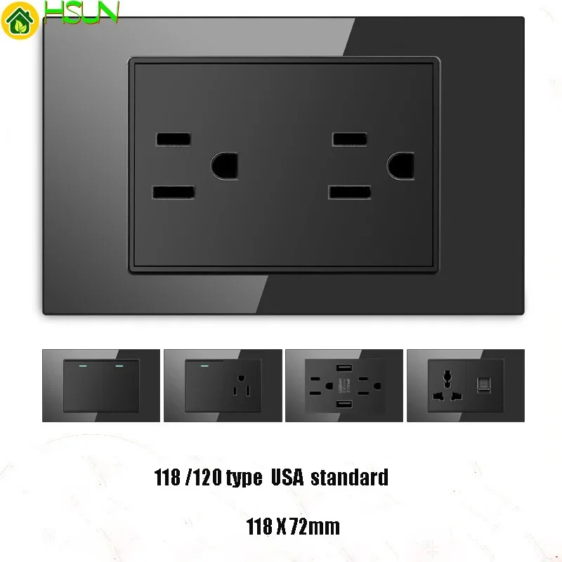 120/118 type Mexico USA AU Brazil Italy Thailand standard USB charging toughened glass switch socket black wall socket panel 16A