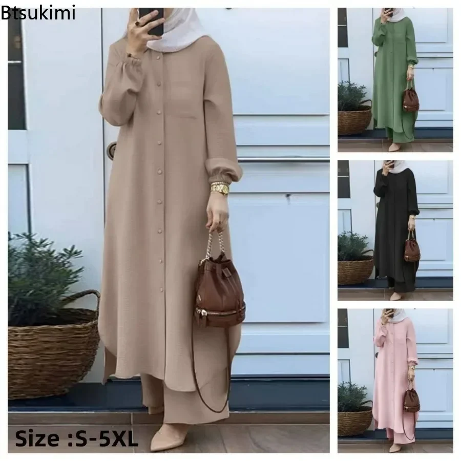 New 2025 Women's 2PCS Clothing Kaftan Turkey Long Sleeve Muslim Saudi Robe Ramadan Clothes Abaya Sets Eid Mubarek Outfits Autum