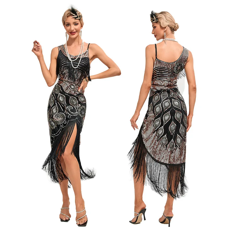 Vintage 1920s Black Green Flapper Great Gatsby Dress Sequin Fringe Party Midi Sexy Vestidos Verano for Women New