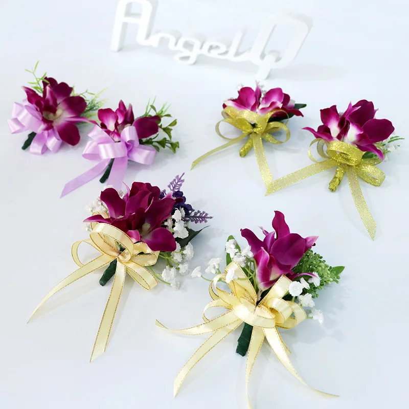 ดอกกล้วยไม้สีม่วงแต่งงาน Corsages และ Boutonnieres สำหรับ Bridesmaids Corsage ปลอมงานแต่งงานเจ้าบ่าว Boutonniere Buttonhole ดอกไม้