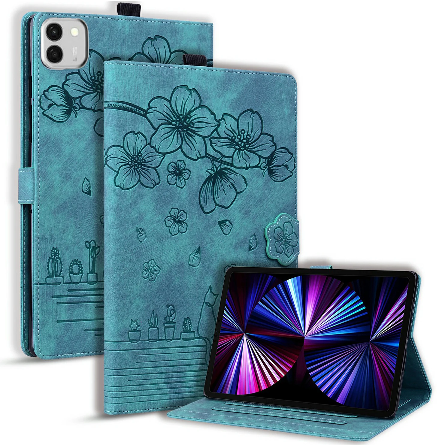 �tui pour Honor MagicPad 4 avec emplacements pour cartes, support de tablette en cuir, couverture folio, motif chat fleuri - Vert