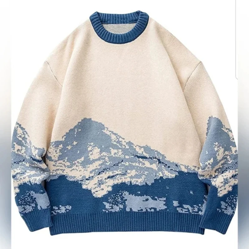 

2024 Autumn/Winter New Casual Top Knitted Sweater Splicing Glacier Landscape Sweater Top Warm Sweater y2k Fashion Niche Wearing