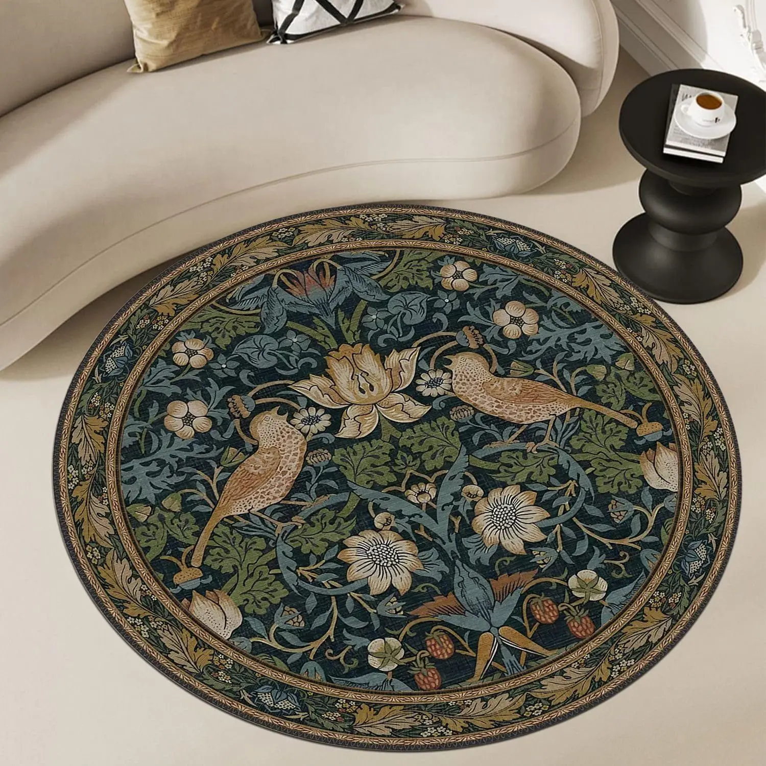 William Morris Style Strawberry Thief Round Rug Vintage Floral and Bird Pattern Non Slip Floor Mat