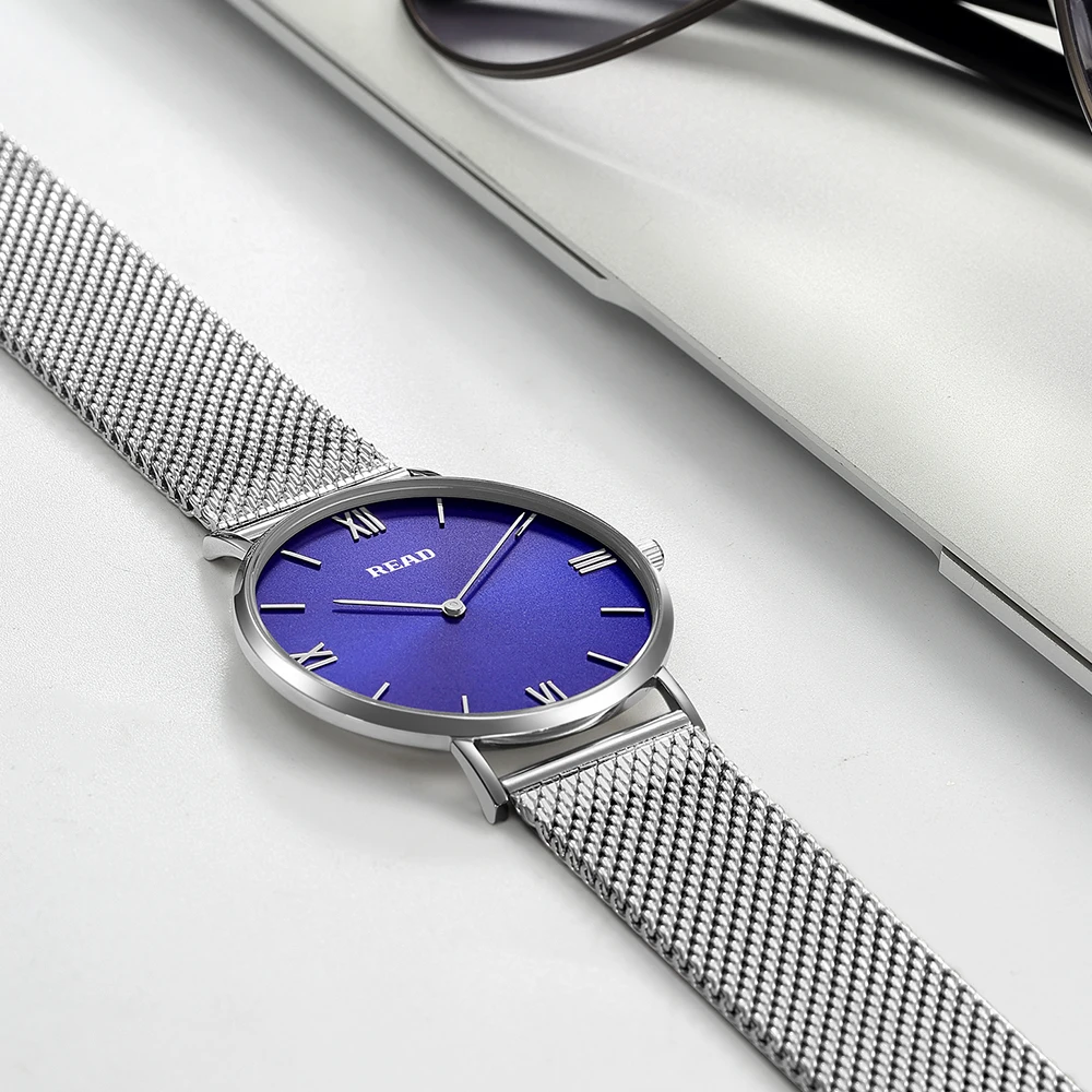 READ Minimalist Quartz Watch | Silver Steel Mesh Strap | Blue Roman Numeral Dial | High Hardness Glass | 3ATM Waterproof