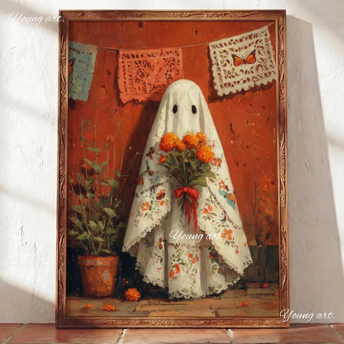 Funny Spooky Ghost Fall Canvas Print Poster Rustic Pastoral Cozy Autumn Folk Art Prints Bedroom Halloween Wall Art Home Decor