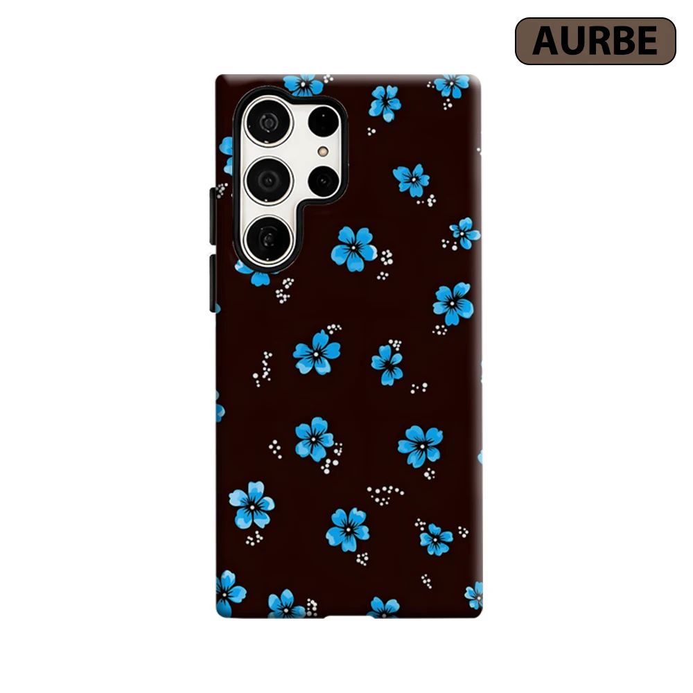 Retro Blue Floral Phone Case for Samsung Galaxy S26 S25 Ultra S24 S23 Ultra Plus Shockproof Double Layer Tough Back Cover