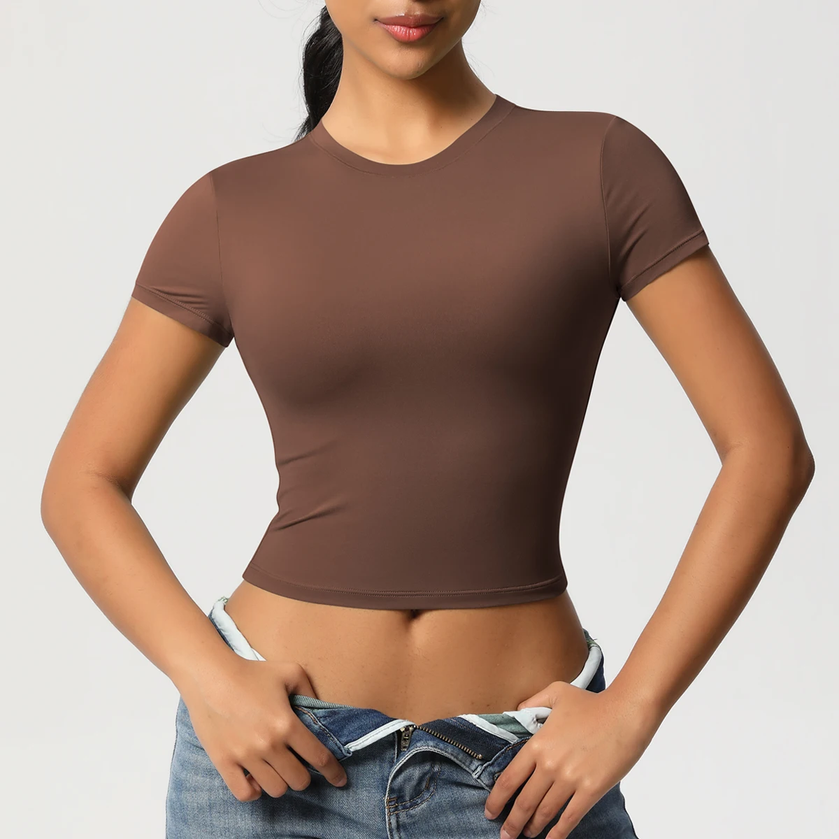 Frauen Sport Shirt Kurzarm Gym Top Workout Kleidung Hohe Elastische Active Wear Femme Lauf Zubehör Fitness T-shirt – Detail 6