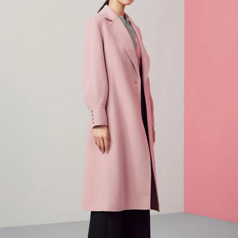 Elegant Women's Long Pink Wool Coat - Modern Minimalist Custom Loose Fit Warm Wool Blend