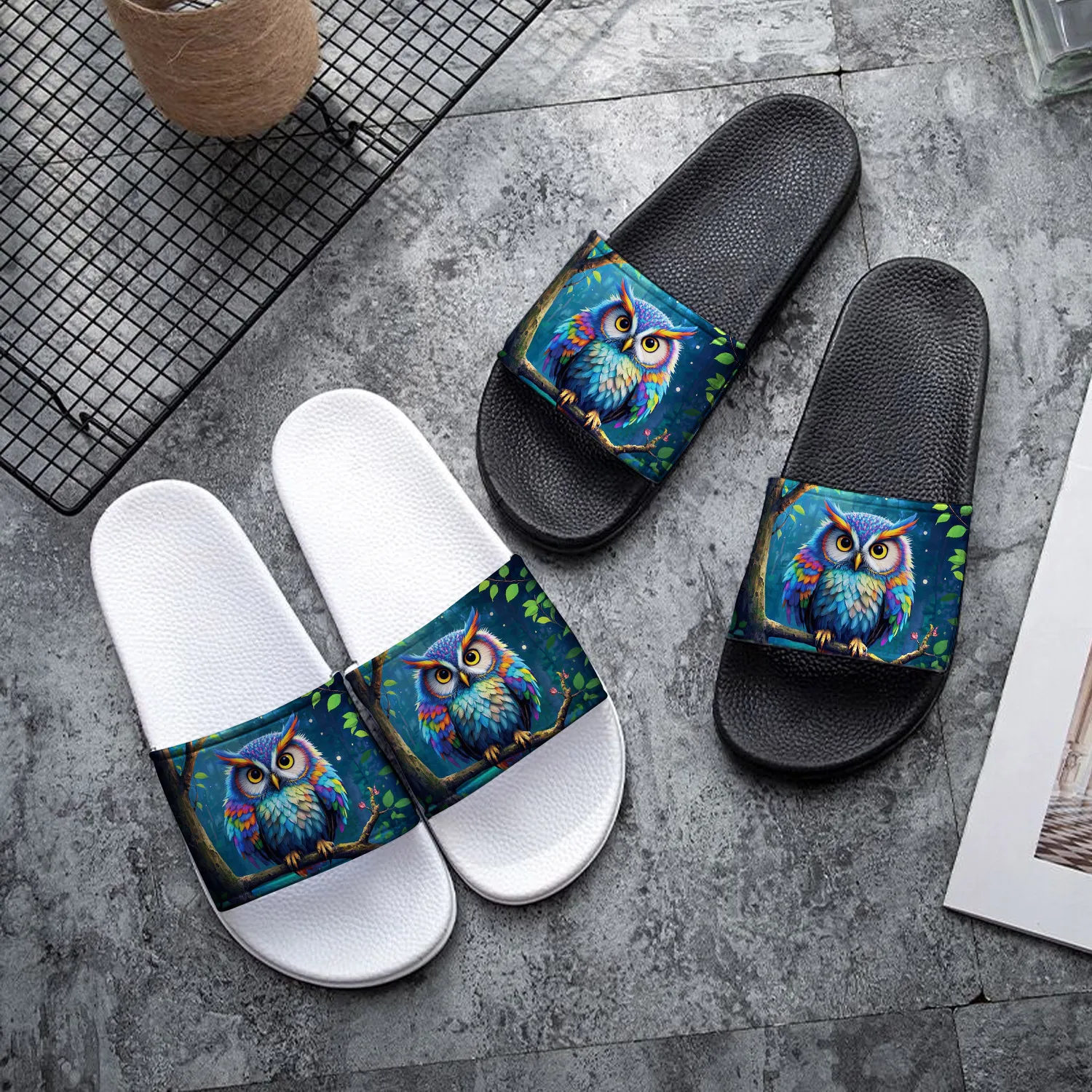 Women's Cute Owl Design PVC Slides - Colorful Animal Pattern, Comfortable Indoor/Outdoor Summer Slippers