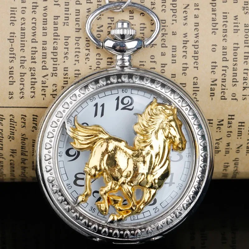 Steampunk الفاخرة تشغيل الحصان الذهبي ساعة جيب كوارتز زودياك النمط الصيني قلادة مجوهرات الرجال النساء الهدايا مع سلسلة