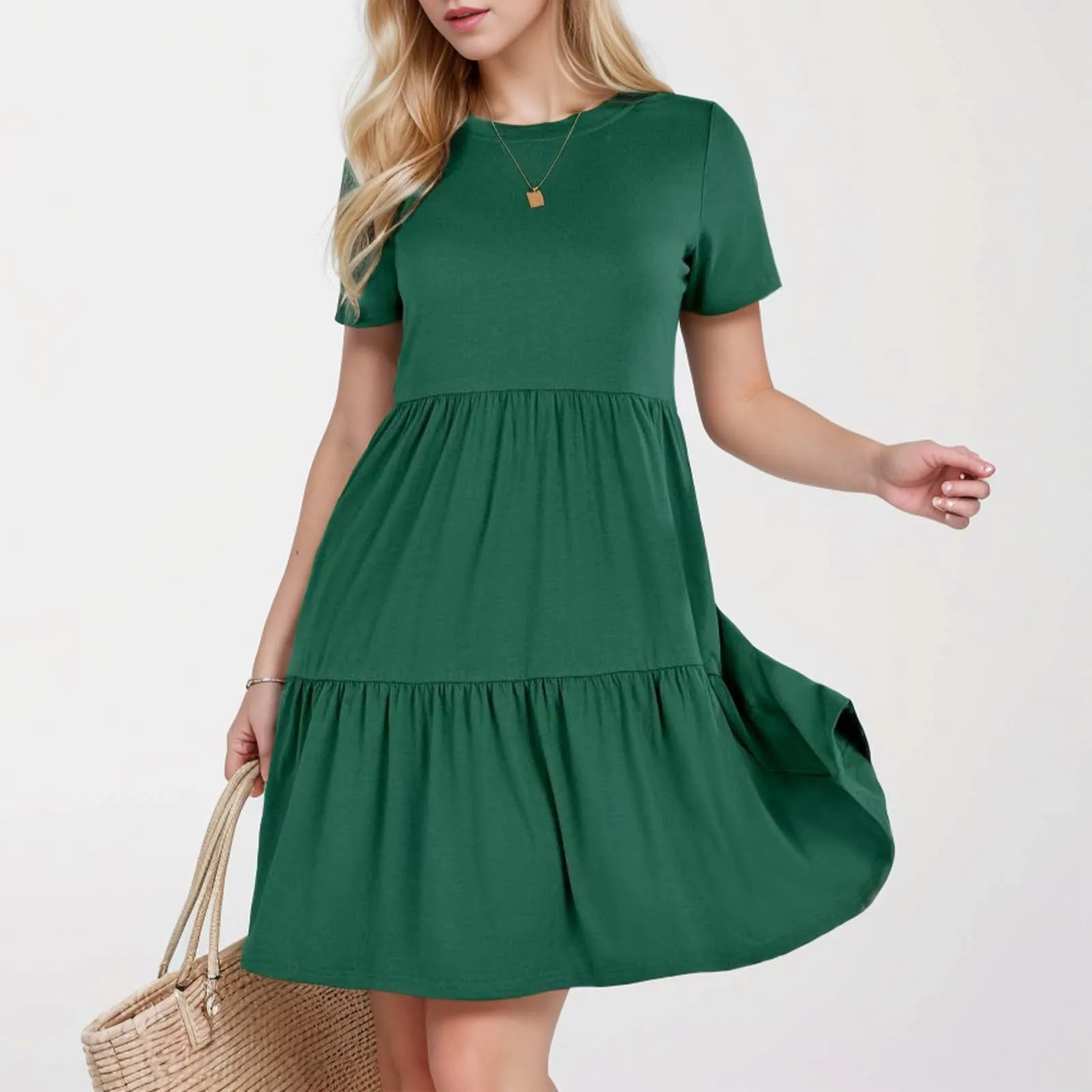 

New Fashion 2024 Causal Summer Dresses For Women Loose Solid Long O-neck Dress Vintage Short Sleeve Womens Clothing Vestidos