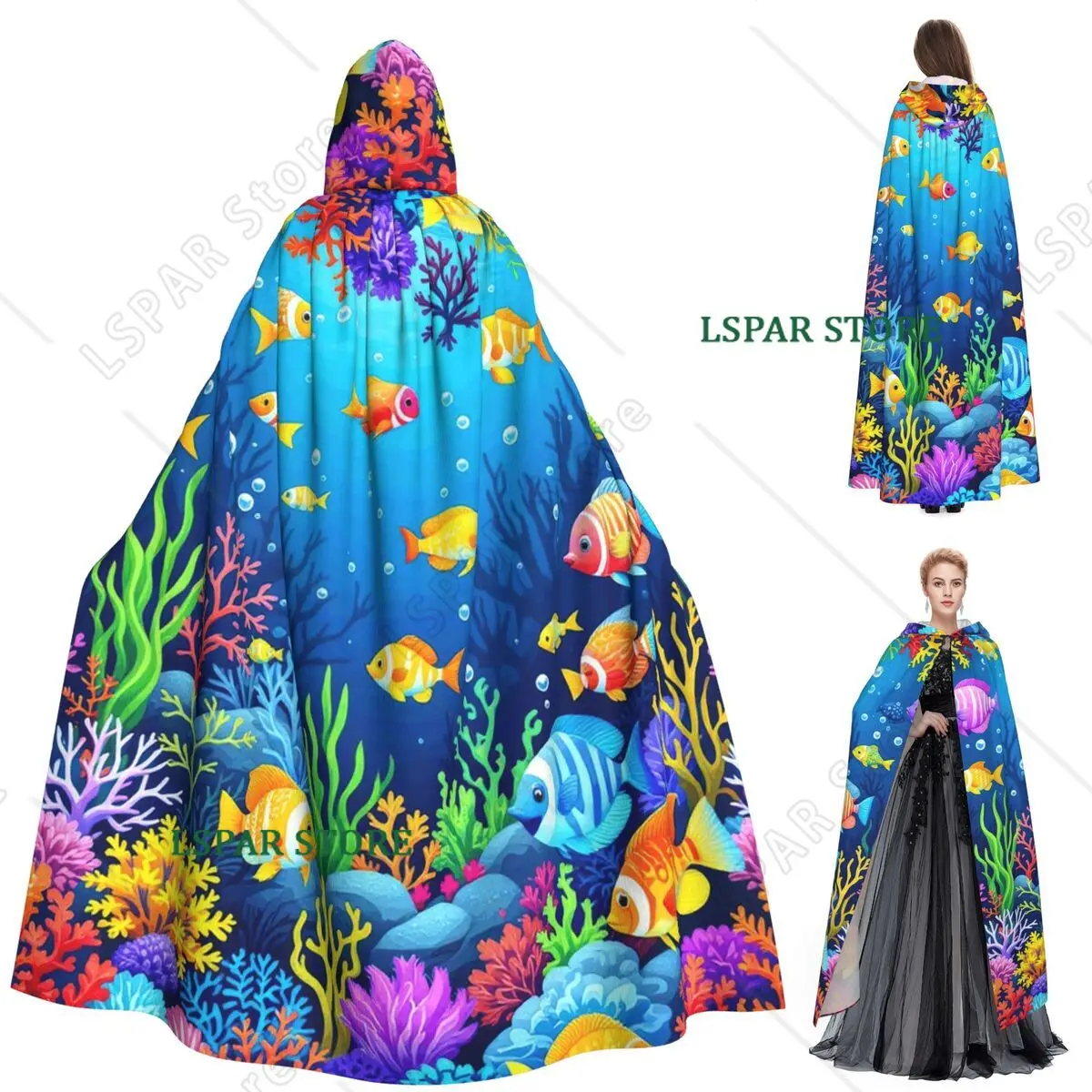 Capa Larga con Capucha de Pescador de Arrecife de Coral Submarino, Disfraz Medieval de Bruja, Capa de Cosplay para Fiesta de Halloween, Unisex para Adultos