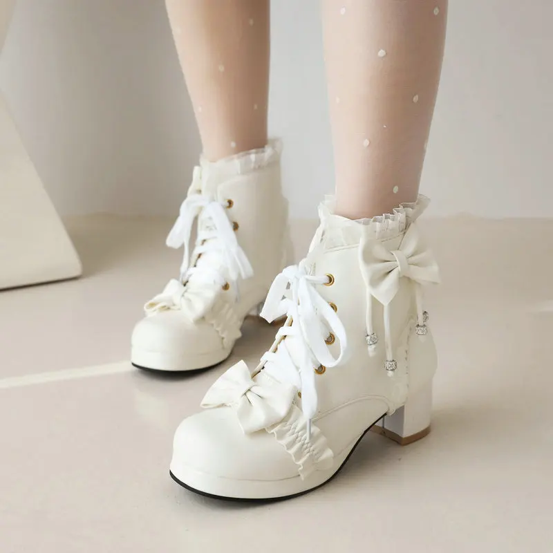 Size 28-43 Girls Boots High Heels Women Ankle Boots Sweet Bow Ruffles Lolita Girls Princess Cosplay Shoes Women Party Pumps