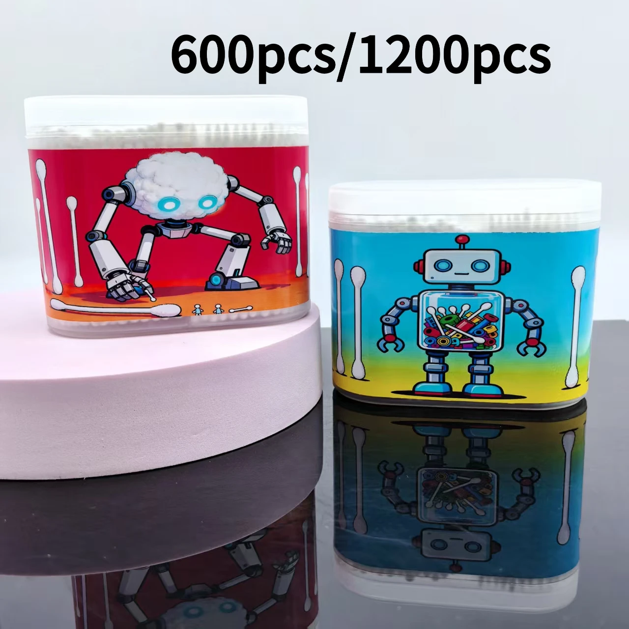 600 Stück/1200 Stück Roboter-Muster-Box-Set, kreative Wattestäbchen, doppelköpfige Wattestäbchen mit feiner Achse