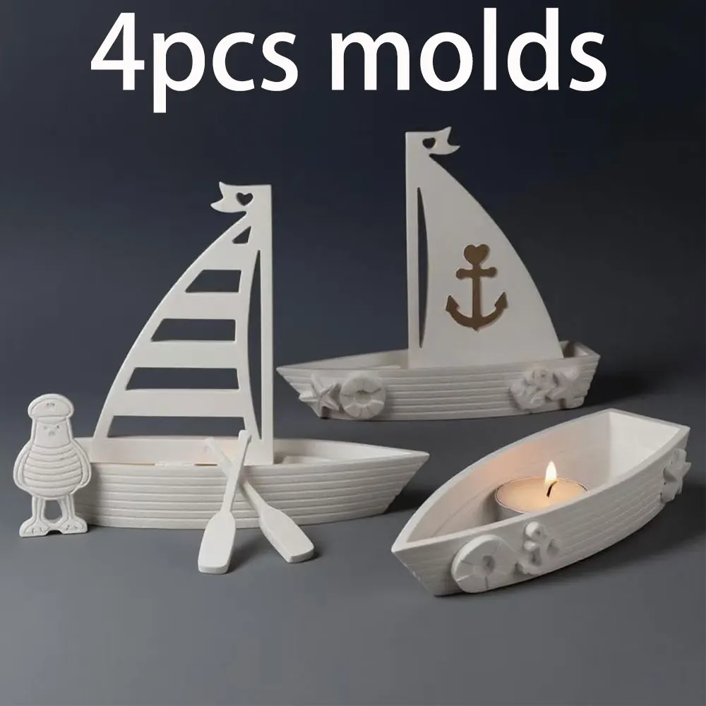 

4 шт. DIY гипсоцемент полая лодка орнамент форма комплект якорь свет весло парусная лодка подсвечник эпоксидная смола силиконовая форма