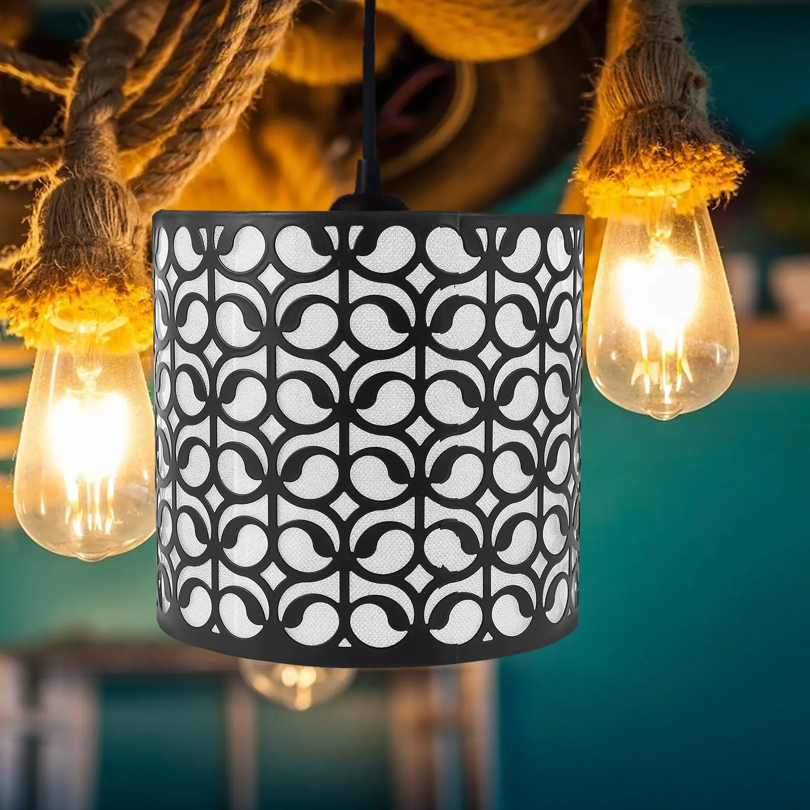 

Carved Owl Hollow Black Metal Lampshade Cylinder Pendant Lamp Shade E27 Socket for Living Room Bedroom Dining Room Decor