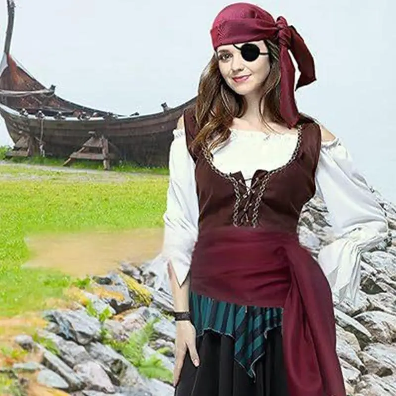 2025 New Halloween Pirate Costume Women Men Pirate Head Scarf Bandana Belt Medieval Renaissances Vikinges Costume Accessories