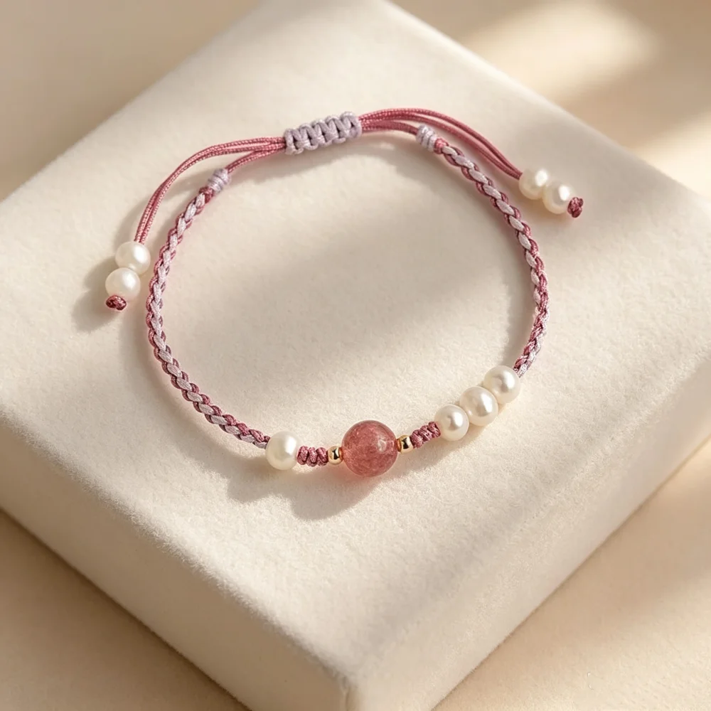 Pink Rope Strawberry Crystal Stone Pearl Weave Bracelet Resizable For Women Fashion Jewelry Handmade Bracelet 2024