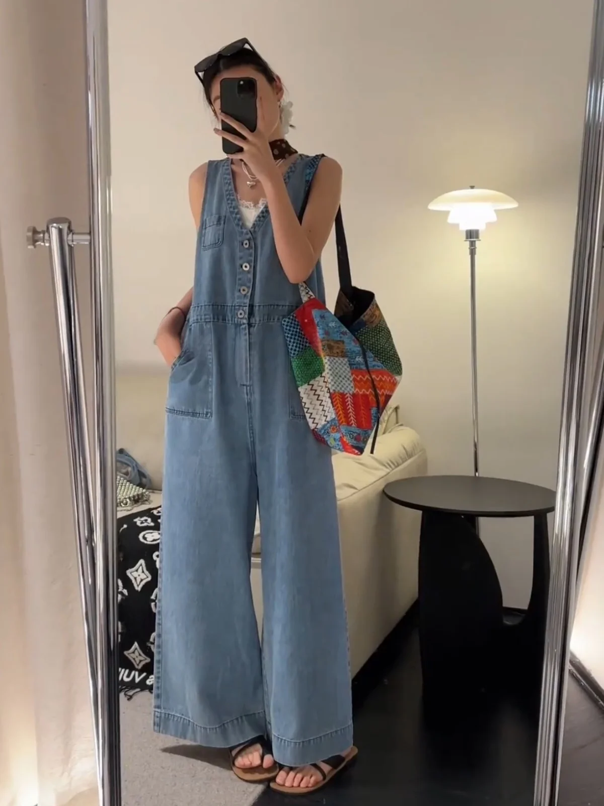 

Retro American Street Faion Onesie Summer New Slimming Denim Overalls V-ne Button Closure Long Pants ort Sve