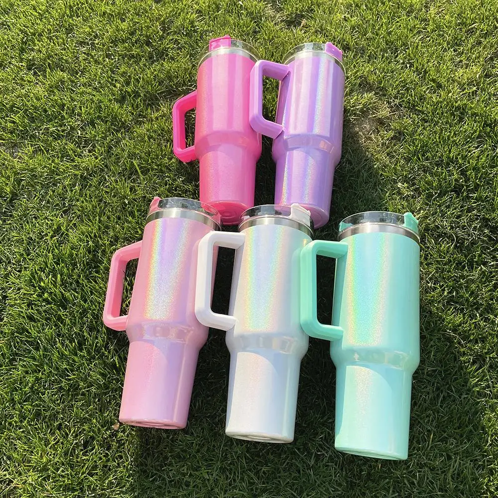 40oz Glitter Shimmer Tumbler Insulated Mug With Handle Holographic Rainbow Water Bottle For Travel Car Stainless Steel Cup