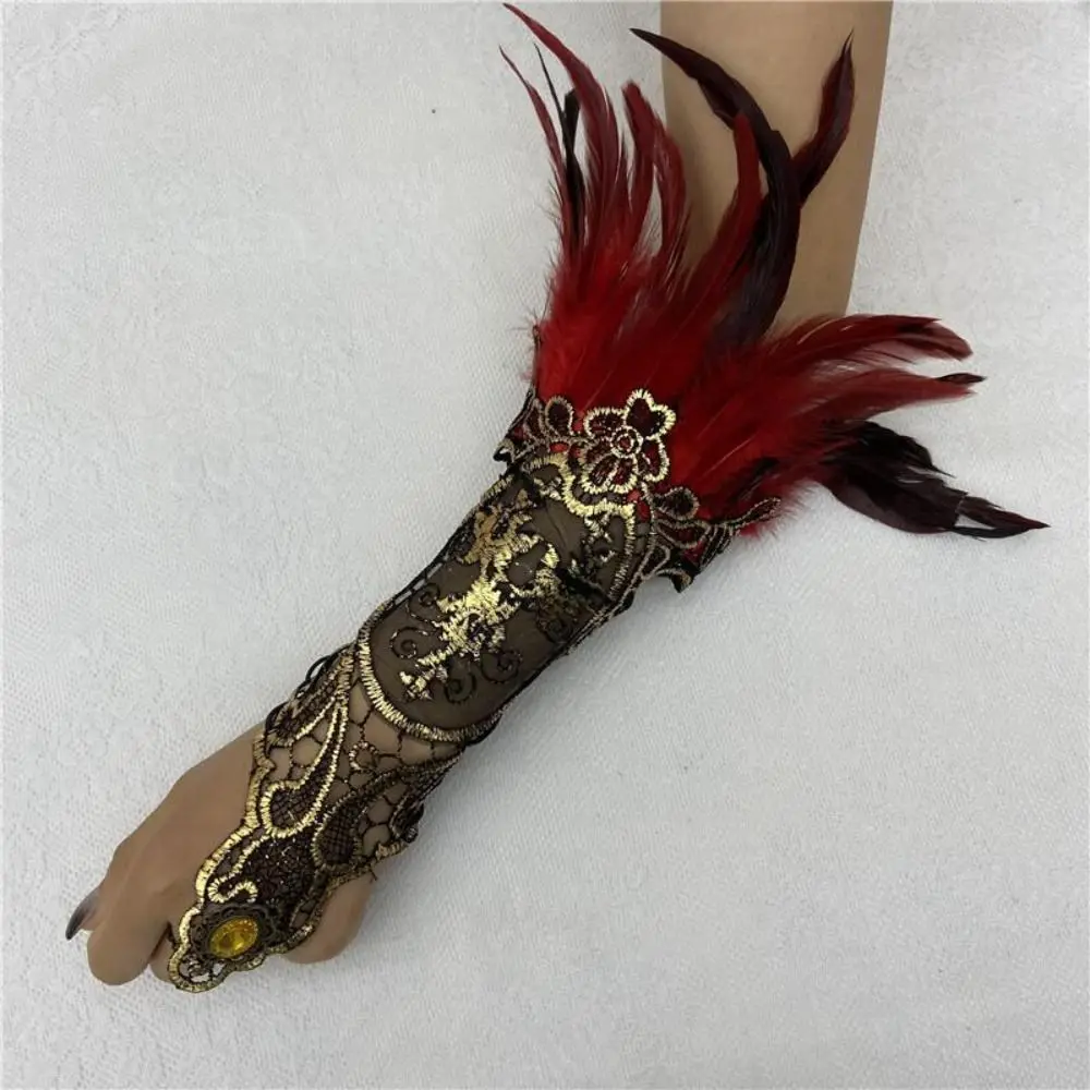 Witch Halloween Feather Gloves Retro Embroidery Women Feather Lace Glove Dark Halloween Halloween Wristband Women