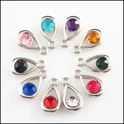 Fashion 30Pcs Mixed Crystal Dull Silver Plated Teardrop Circle Charms Pendants 9.5x17.5mm