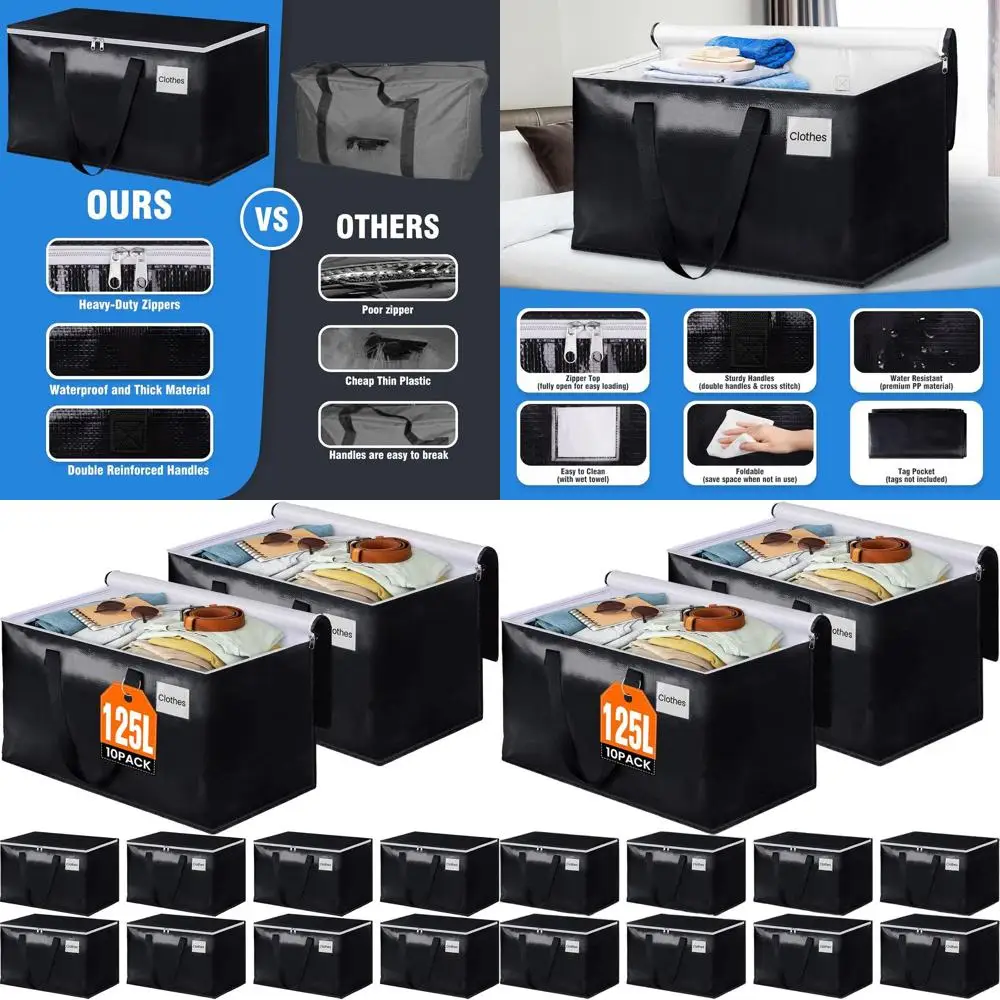 

Heavy-Duty Zippered Moving Boxes with Sturdy Handles, Collapsible Storage Totes for Space-Saving Packing (125L, 10-Pack, Black)