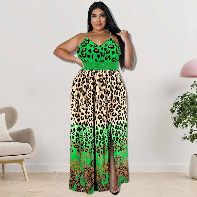 KEXU Plus Size Women's Dresses 2024 Summer New Sexy Bandage Backless Leopard Print Elegant Maxi Dress Fashion Beach Style