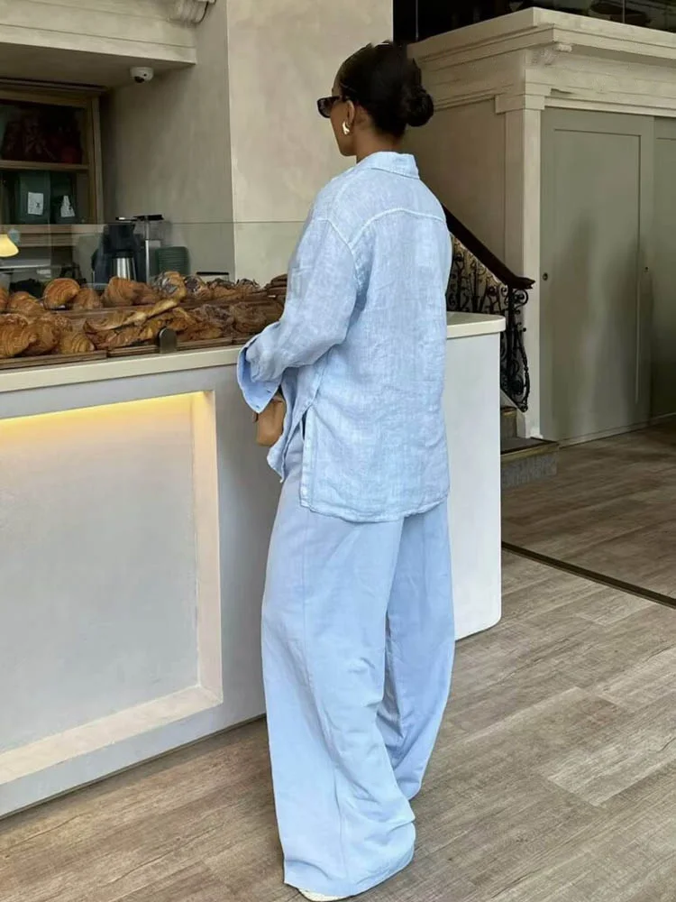 

HH Women Chic Lapel Single-breasted Hem Slit Design Casual Shirt Top+Fashion High Waist Zipper Loose Long Pants 2-Piece Set