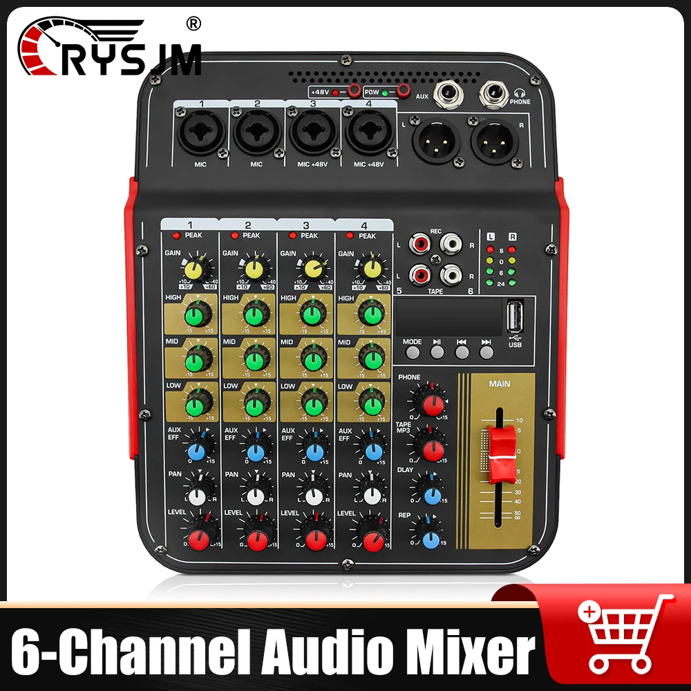 Mezclador de Audio de 6 Canales, Consola de DJ, Mezclador de Sonido con Reverb, Tarjeta de Sonido con Enchufe Europeo y Alimentación Phantom de 48V para Cantar en Vivo, Karaoke, PC