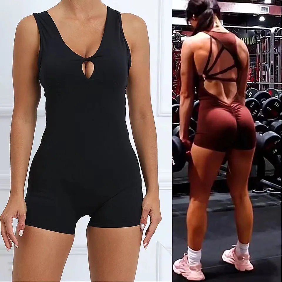 

2025 New Gym Yoga Sets One Piece Cup Jumpsuit Sport Women Workout Clothes Short Fitness Womens Outfits Active Suits