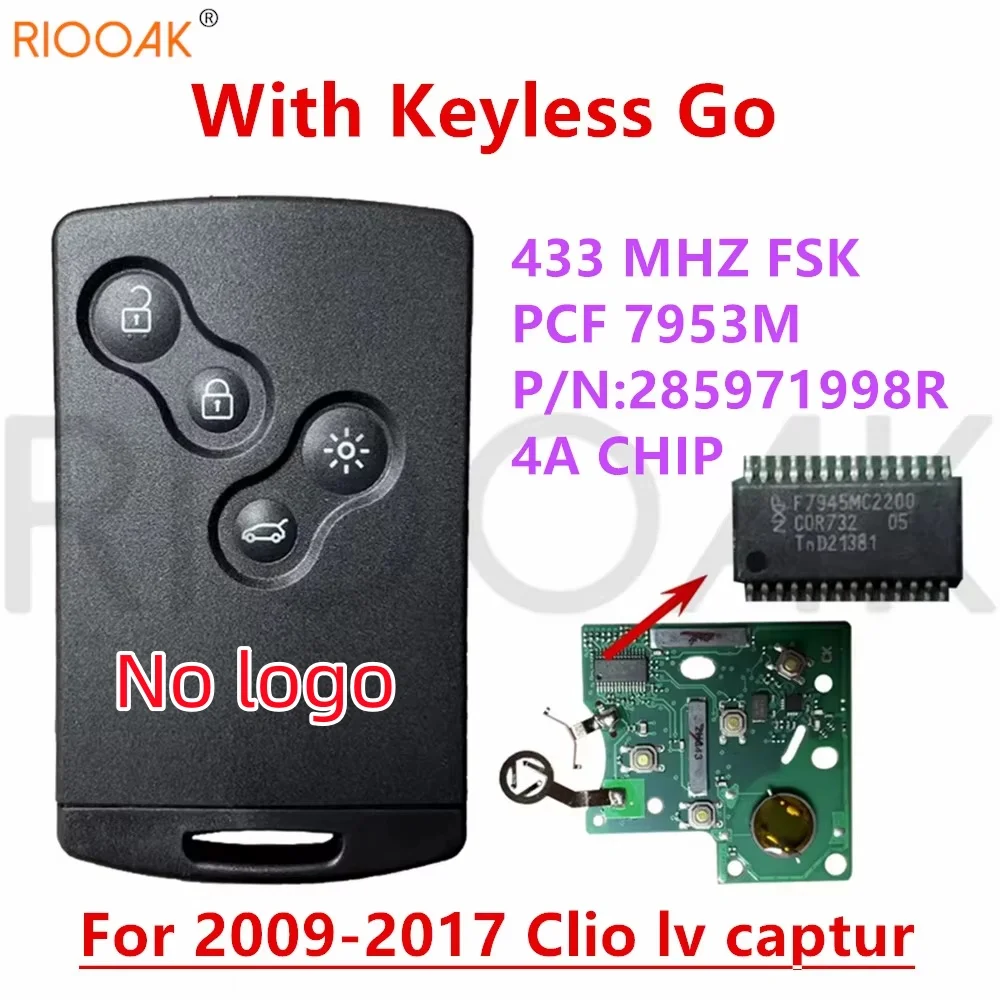 No logo For Renault7953 2009-2017 Renault Clio IV Captur  OEM 285971998R 433 MHZ 4A Chip Keyless Smart Key