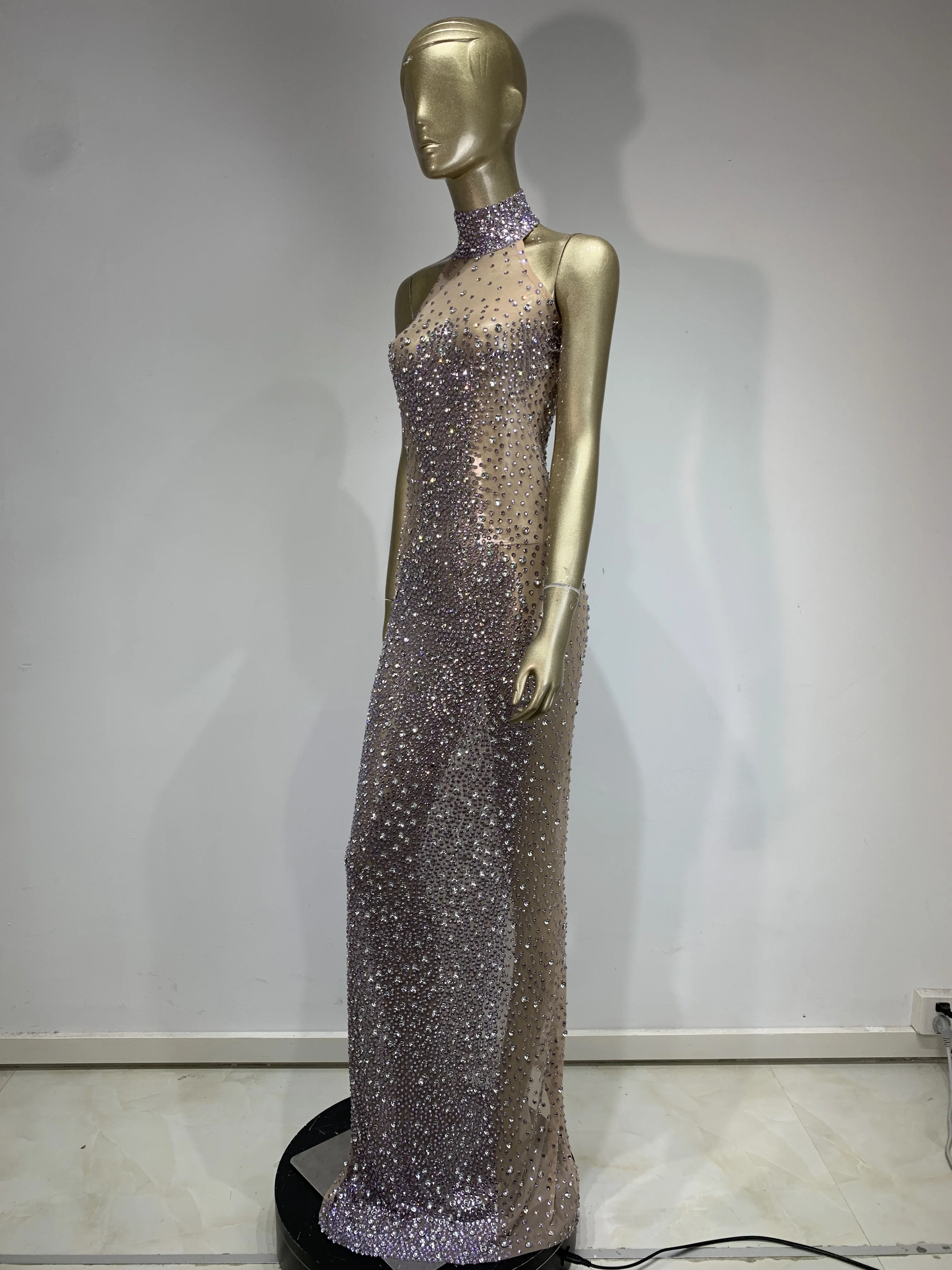Sexy Shinny Rhinestones See Through Elegant Prom Dress Women Birthday Celebrate Party Prom Nightclub Outfit Stage Costume