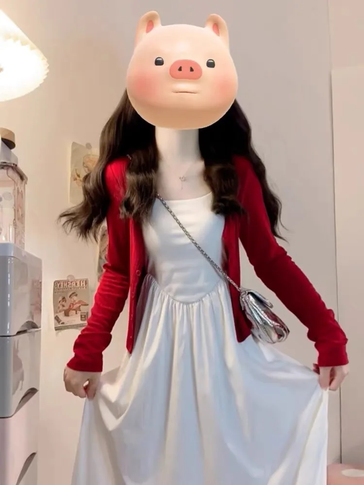 

Red Knitted Sun Protection Open Cardigan Women's Spring Thin oulder Strap Skirt Outer ort awl Cover up Top