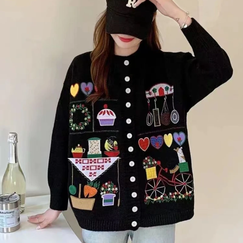 DAYIFUN Christmas Sweater Jackets Women Autumn Winter Retro Heavy Industry Embroidery Design Jumpers Lazy Style Knitted Cardigan