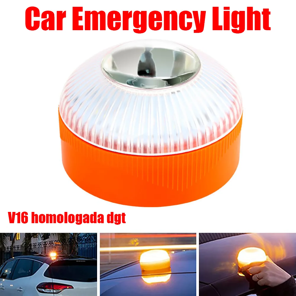 

Car V16 Flash LED White Emergency Light Yellow Car Warning Light Traffic Flash with Battery Bottom Strong Magnetic Portable