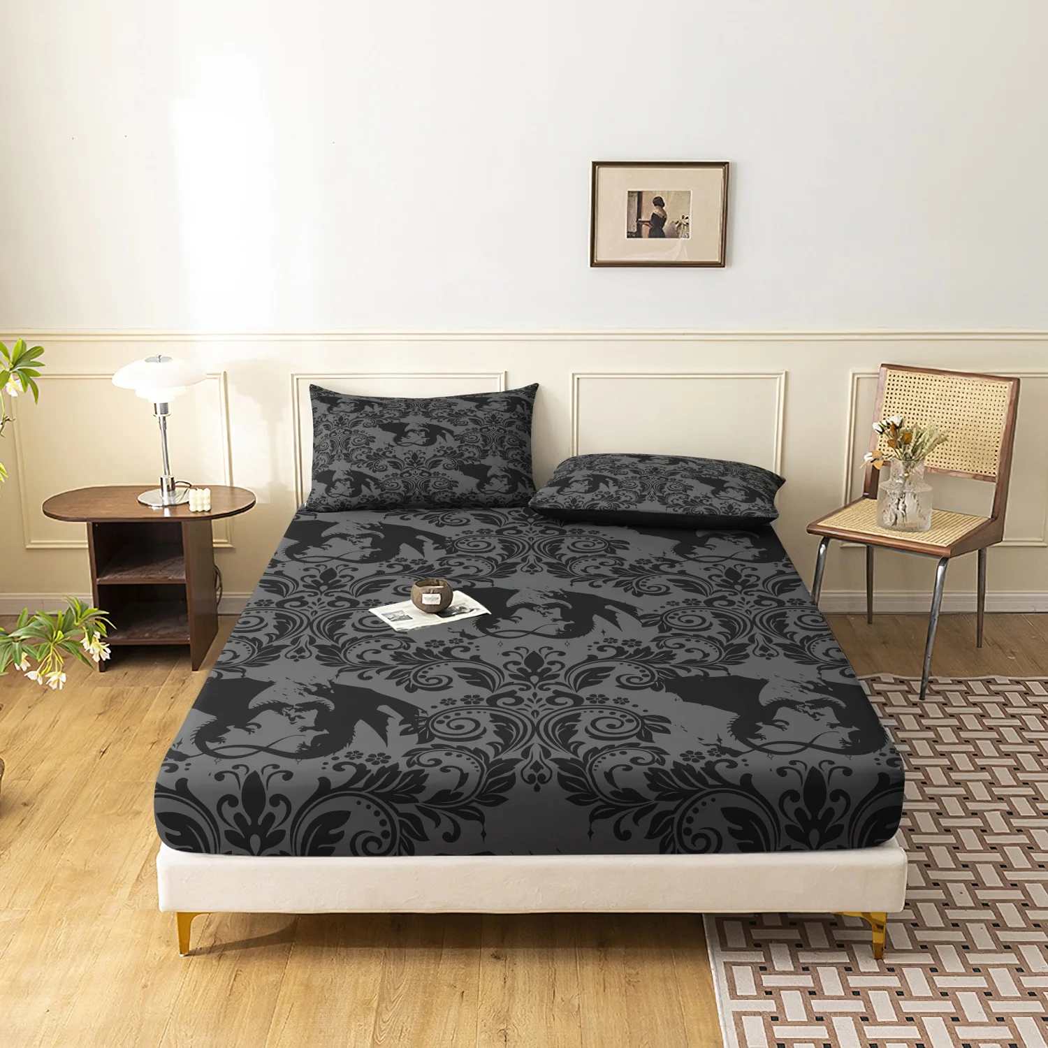Vintage Baroque Dragon Print Fitted Sheet Set, 3Pcs Gray Black Flying Dragon Ornate Scroll Gothic Pattern Bedding