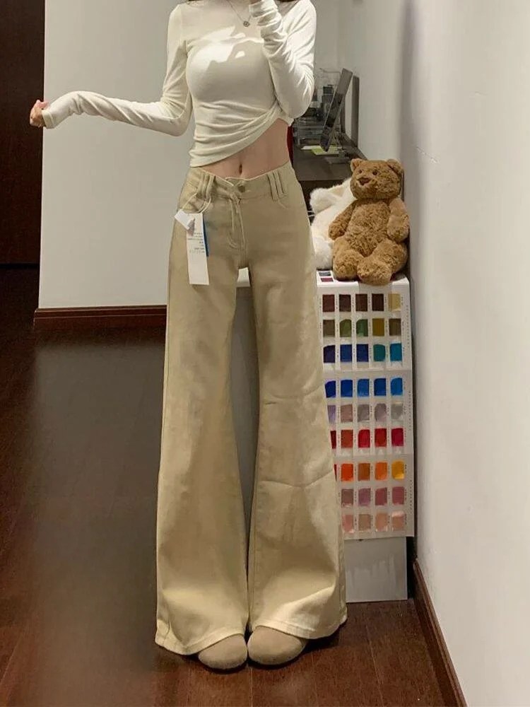 

American High Street Khaki Bell Bottom Thin Denim Jeans Women Summer Small Size Pear Shape All Match Hoof Pants