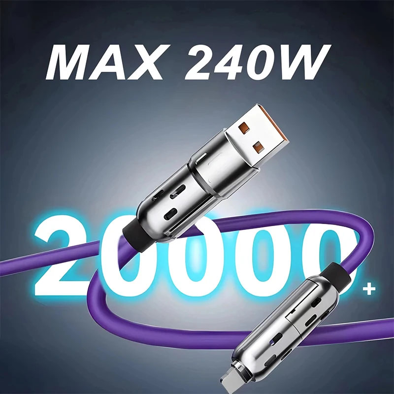 New 4 in 1 Multi Connectors Charger Rotating Elbow USB to Type-C Mobile Phone 240W Fast Charging Silicone Cable Data Transfer