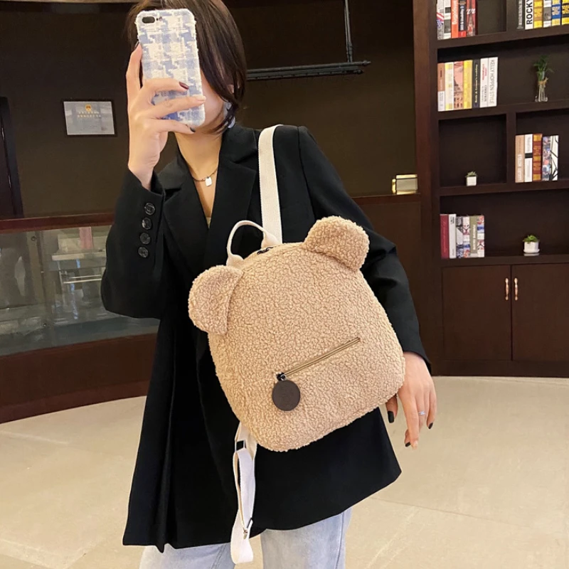 Niedlicher Bär Ohr Fleece kleiner Rucksack Kinder Mädchen lässig warm Lamm wolle Tages rucksack Tasche Schult asche Rucksack für Reisen einkaufen