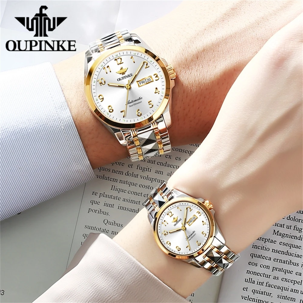 OUPINKE-par de relojes de pareja originales para hombres y mujeres, reloj de pulsera mecánico automático, marca Superior Suiza de lujo, relojes de