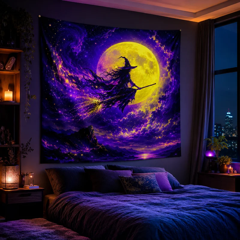 VIKAMA Flying Witch Tapestry, Wall Hanging Featuring a Female Wizard Riding a Magic Broom, Halloween-Themed Printed Tapestry
